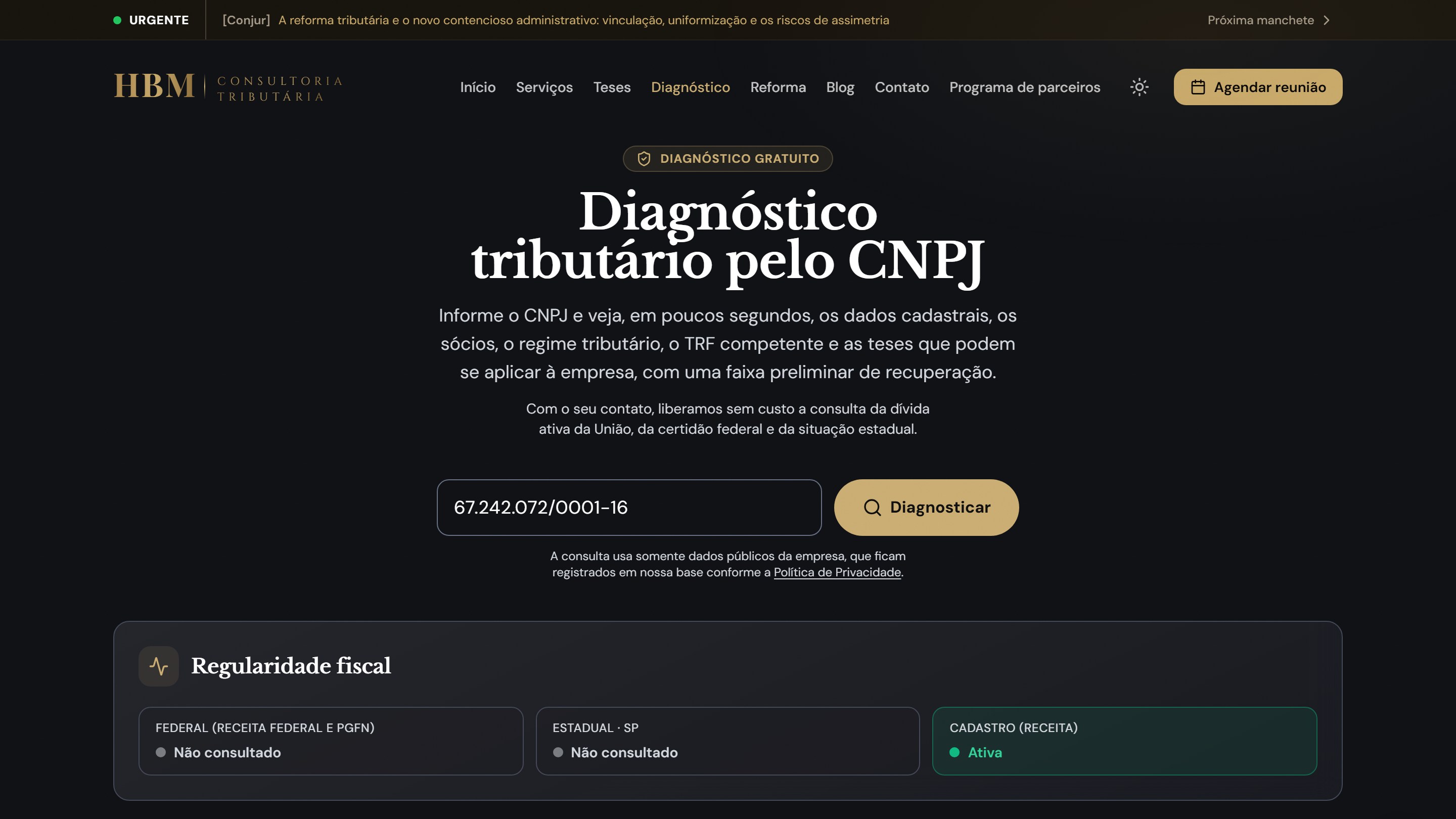 Página do diagnóstico tributário pelo CNPJ, com o semáforo de regularidade